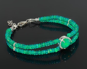 Green Fire Opal Bracelet, Natural Green Opal Bracelet, AAA Opal Beaded Bracelet, 925 Solid Silver Opal Bracelet, Double Strand Opal Bracelet