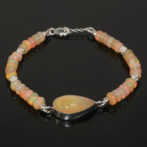 Ethiopian Fire Shaded Opal Silver Charm Bracelet, Natural Opal Gemstone Beaded Bracelet, Delicate Bracelet, Birthstone Jewelry, Gift for Her
