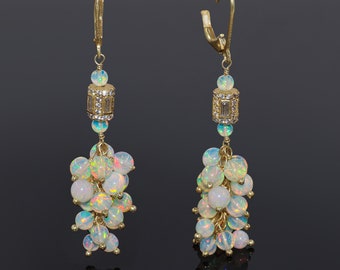 Natural white round fire opal beaded cluster earrings for women, Minimalist earrings, Genuine fire opal earrings, October birthstone