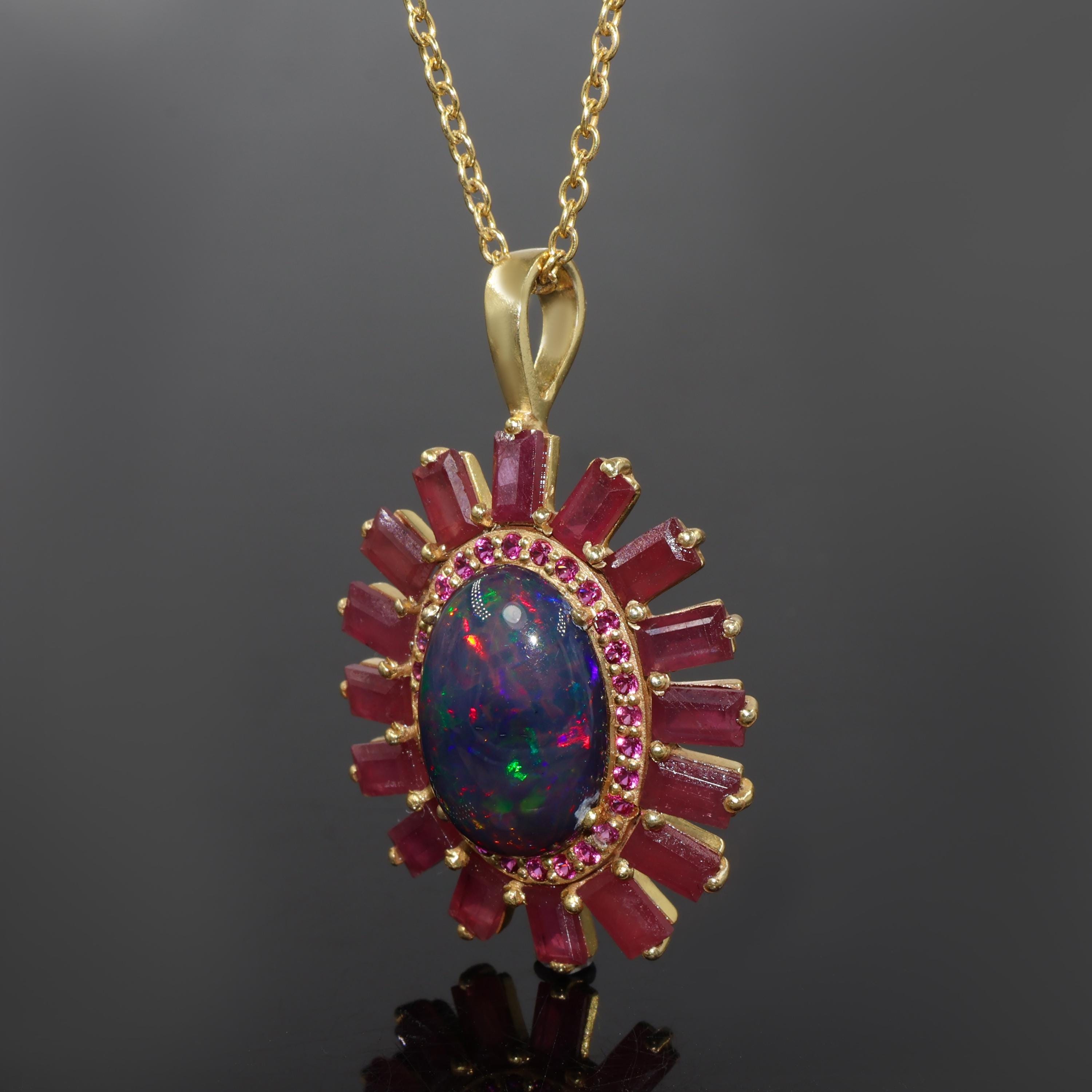 Black Fire Opal and Ruby Gemstone Gold Necklace, Fire Opal Gemstone ...