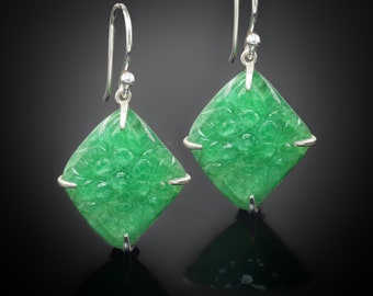 Flower Carving Emerald Dangle Earring, Beautiful Earrings For Women, Top Rare Unique Design Emerald Earring, May Birthstone