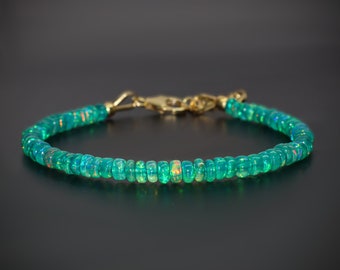 AAA Green Fire Opal Beaded Bracelet, Natural Green Beaded Gold Opal Bracelet, 4 to 5 mm opal beads bracelet, October Birthstone Bracelet