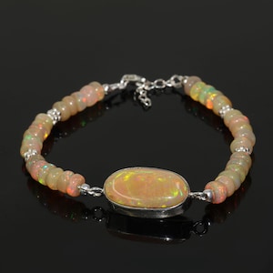Shaded Opal Gemstone Silver Charm Bracelet, Ethiopian Opal Beaded Bracelet, Multifire Opal Jewelry, October Birthstone, Handmade Bracelet