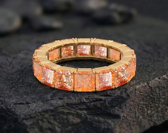 Sunstone Asscher Cut Band Ring | July Birthstone Jewelry Gift for Her | 18K Gold Band Ring | Wedding Jewelry | Minimalist Jewelry
