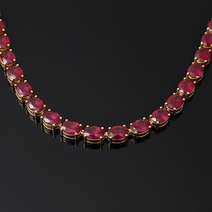 Natural Ruby Oval Stone Tennis Necklace, Genuine Red Ruby Gemstone Sterling Silver Necklace, July Birthstone Necklace, Ruby Gift  for Women