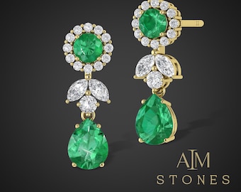 Emerald Earrings, Moissanite Cluster Earrings, Women Earrings, Green Emerald Earrings, Statment Earrings, Emerald Gold Stud, May Birthstone