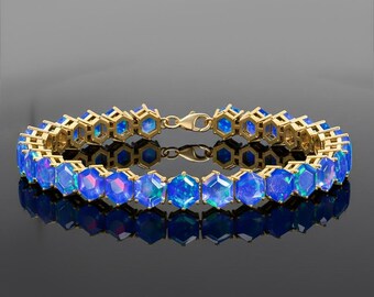 Natural Blue  Opal Hexagon Gemstone Silver Tennis Bracelet, AAA Opal Gemstone Sterling Silver Bracelet, October Birthstone, Bracelet for Her