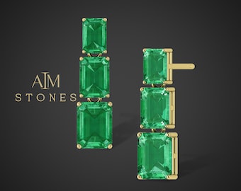 Lab Grown Octagon Emerald Stud Earrings, Green Emerald Birthstone Stud Earrings, Emerald 14K Gold Earrings, Emerald Gemstone Stud Earrings