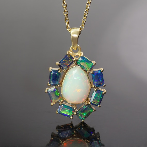 Genuine Ethiopian Opal Gemstone Pendant Necklace, Fire Black Opal