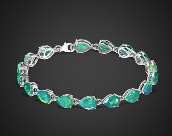 Green Opal Tennis Bracelet, Teardrop Opal Jewelry, Opal Silver Jewelry, Bracelet for Women, Christmas Gift, Opal Anniversary Gift for wife