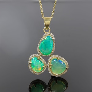 Natural Multifire Green Opal Gemstone Charm Pendant, Genuine Fire Opal Gold Charm Necklace, Opal Chain Necklace, Birthstone Necklace