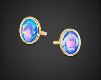 Black opal stud earrings, Earrings for her, Oval Opal stud earrings, gift for wife, Opal Women Earrings, AnniversaryGift, Blue Opal Earrings