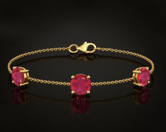 Natural Ruby Round Three Gemstone Chain Bracelet for Her, Genuine Ruby Gemstone Silver Bracelet, July Birthstone Jewelry, Gift for Her