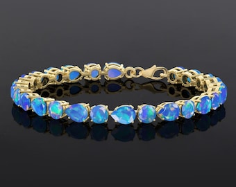 Blue Fire Opal Dual Gemstone Silver Tennis Bracelet, Ethiopian Opal Gemstone Sterling Silver Bracelet, October Birthstone, Bracelet for Mom