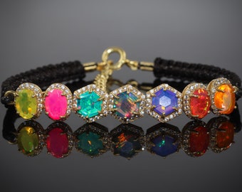 Multi color fire Opal charm bracelet, black thread bracelet, AAA Ethiopian opal Bracelet, Natural fire opal bracelet, Handknotted thread
