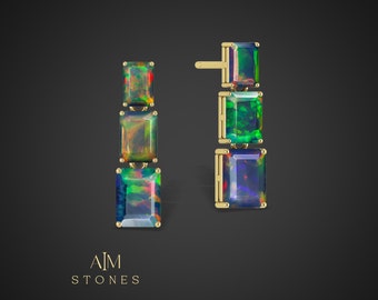 Fire Black Opal Octagon Stud Earrings, Lavender Opal Birthstone Stud Earrings, Natural Opal14K Gold Earrings, Opal Gemstone Stud Earrings