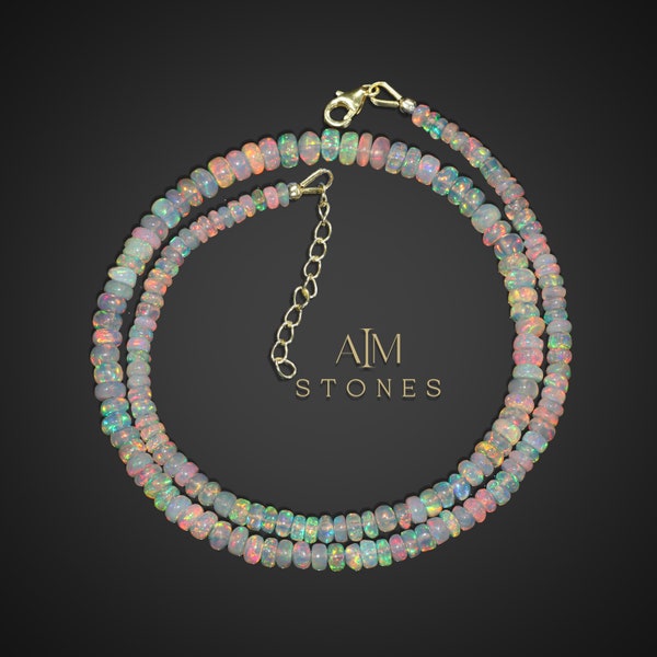 Natürliche äthiopische Opal Halskette, 4mm glatte Rondelle Perlenhalskette, Welo Opal Perlenhalskette, Feueropal Schmuck, Brautjungfer Schmuck