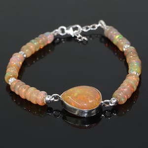Natural Shaded Opal Pear Gemstone Silver Charm Bracelet, Multifire Opal Gemstone Beaded Bracelet, October Birthstone Jewelry, Gift for Her
