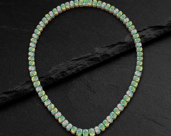 Black Opal Tennis Necklace, Handmade Gemstone Necklace, October Birthstone Jewelry, Wedding Necklace, Gold Jewelry Gift for Her