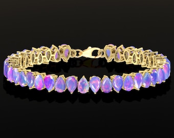AAA Lavender Pear Cut Faceted Opal Tennis Bracelet, Fire Opal Gold Bracelet for Women, October Birthstone Jewelry, Opal Gift for Her
