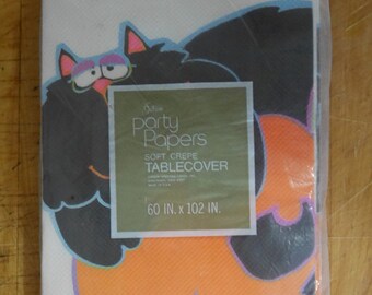 Vintage Halloween Crepe Paper Tablecloth Large 60" x 102" Halloween Black Cat Pumpkin Decorations Jack-O-Lantern NOS Halloween Party