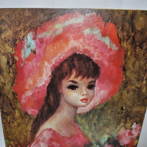 Vintage RARE 1960s MAIO large 20x16 litho print big eyed Girl In a Large Red Hat