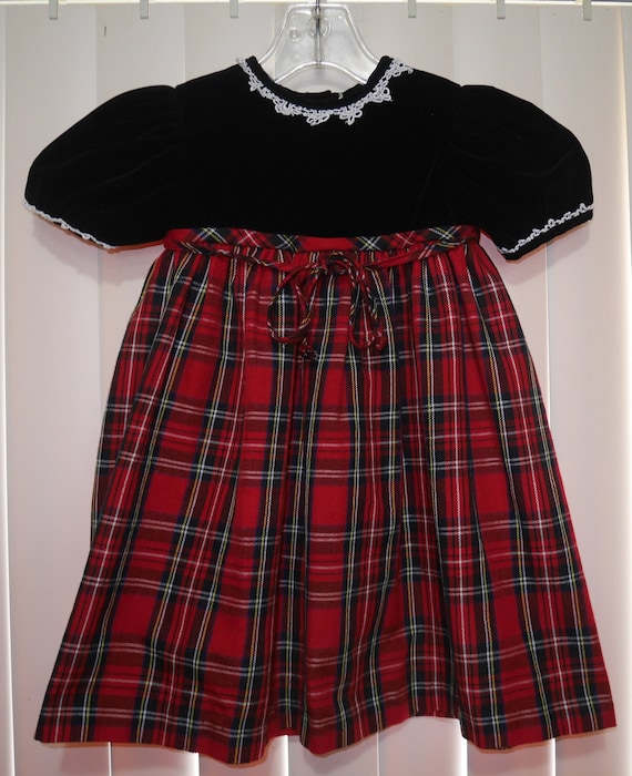 Jo Lene Dress size 3T Black Velvet Red Plaid Lace Trim Dress Made in USA Classic Girls Baby Doll Dress Memories by JO LENE