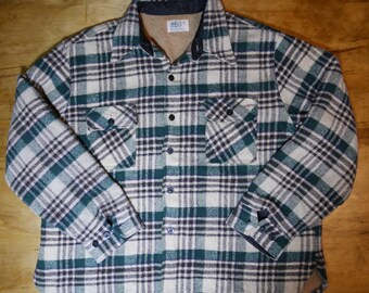 Vintage Wool Shirt Jac Heavy wool Outdoors Jacket XL lined Green White Gray Black Plaid Kmart Jacket