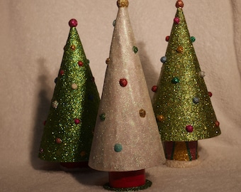 Handmade Christmas Tree Gift Box OOAK Paper Mache Vintage Inspired Artist signed 11" x 5" Glitter Christmas Tree