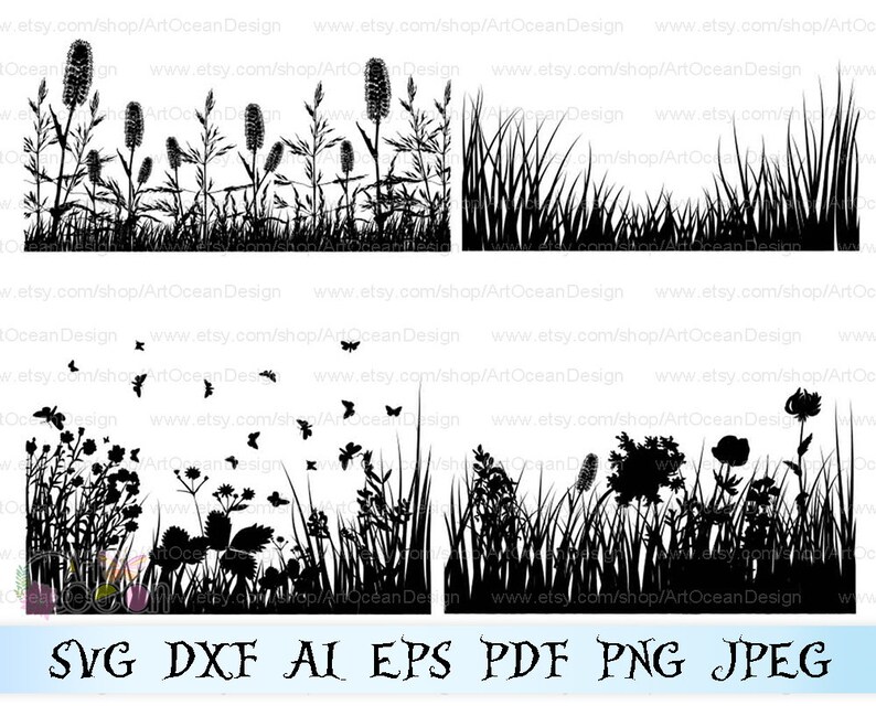 Artocean Black Flower Grass Clip Art Digital Clip Art Images Etsy