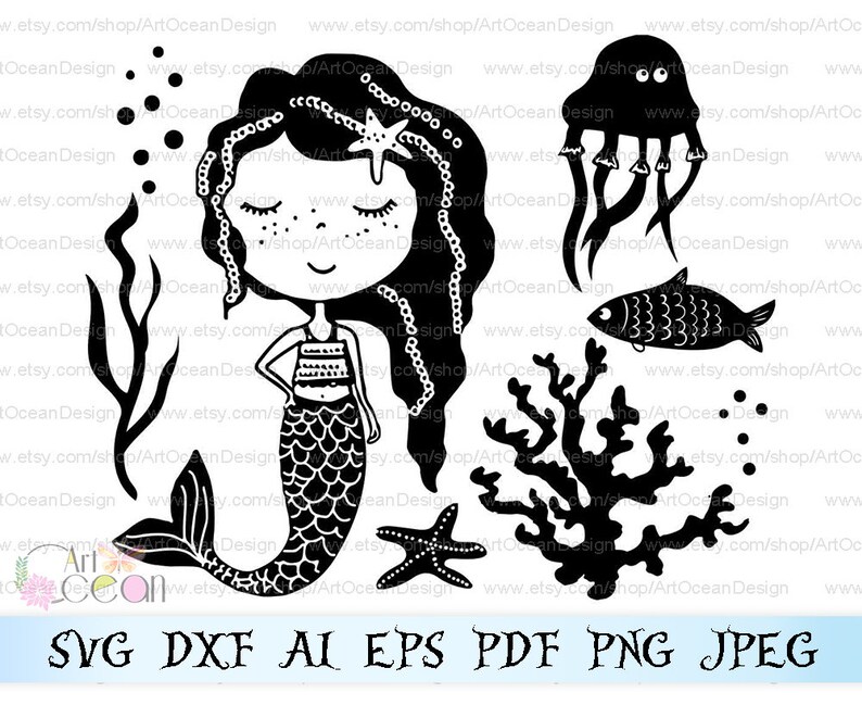 Artocean Black Ocean Mermaid Clip Art Digital Clip Art Images Etsy