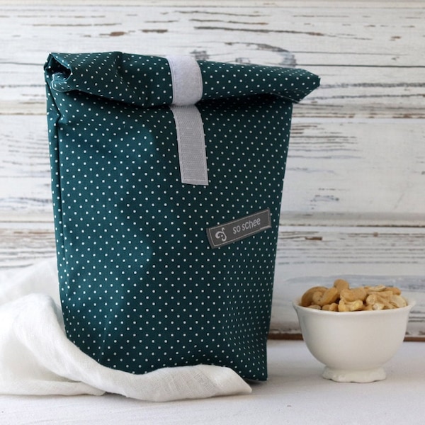 Lunchbag "White minidots on petrol"