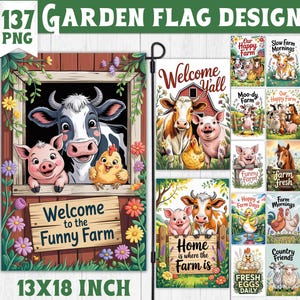 Puede incluir: Un paquete de 137 diseños de banderas de jardín. Las banderas presentan animales de granja como vacas, cerdos y gallinas. Las banderas miden 33 x 46 cm y tienen frases como "Bienvenido a la granja divertida" y "El hogar es donde está la granja".