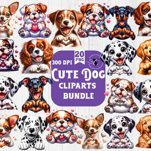 Cute Dog Clipart Bundle | 20 PNG Puppy Illustrations | Heart Hands Dog Sublimation | Kawaii Dog Graphics for Stickers, Cards, Crafts