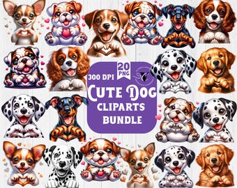 May include: A set of 20 digital clipart images of cute dogs in various breeds, all with hearts in their paws. The images are 300 DPI and in PNG format. The text "Cute Dog Cliparts Bundle" is displayed in purple.