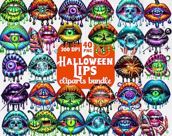 Halloween Lips Clipart Bundle | 40 PNG Neon Dripping Mouths | Horror Sublimation Designs | Spooky Eye Lips | Transparent Background