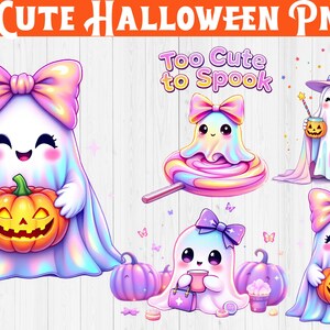 May include: A digital illustration featuring several cute Halloween-themed ghosts. The ghosts are depicted in pastel colors, with large bows, holding pumpkins, and wearing witch hats. The text "Too Cute to Spook" is also present.
