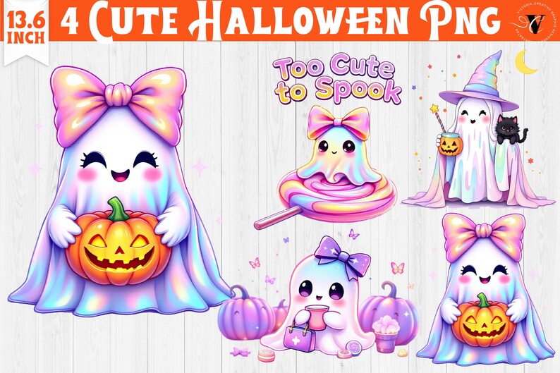 May include: A digital illustration featuring several cute Halloween-themed ghosts. The ghosts are depicted in pastel colors, with large bows, holding pumpkins, and wearing witch hats. The text "Too Cute to Spook" is also present.