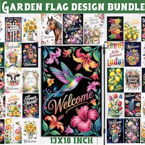 May include: A collection of 105 garden flag designs in a PNG bundle. The flags feature various themes, including floral arrangements, animals, and seasonal greetings. Each flag measures 13x18 inches.