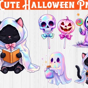 May include: A digital illustration featuring cute Halloween-themed characters. Includes a black cat in a hooded cloak, a ghost, and lollipop designs. The text "4 CUTE HALLOWEEN PNG" is displayed in an orange banner. The image is 13.6 inches wide.