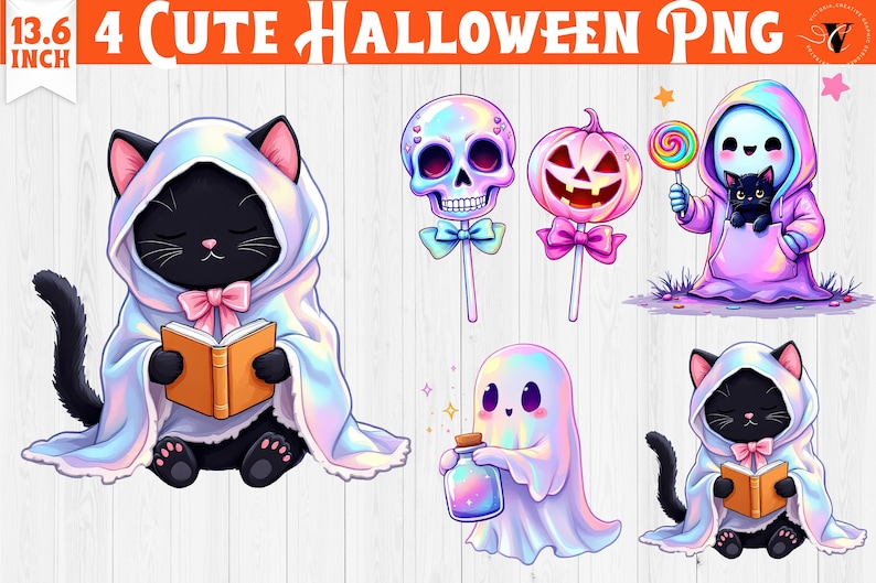 May include: A digital illustration featuring cute Halloween-themed characters. Includes a black cat in a hooded cloak, a ghost, and lollipop designs. The text "4 CUTE HALLOWEEN PNG" is displayed in an orange banner. The image is 13.6 inches wide.