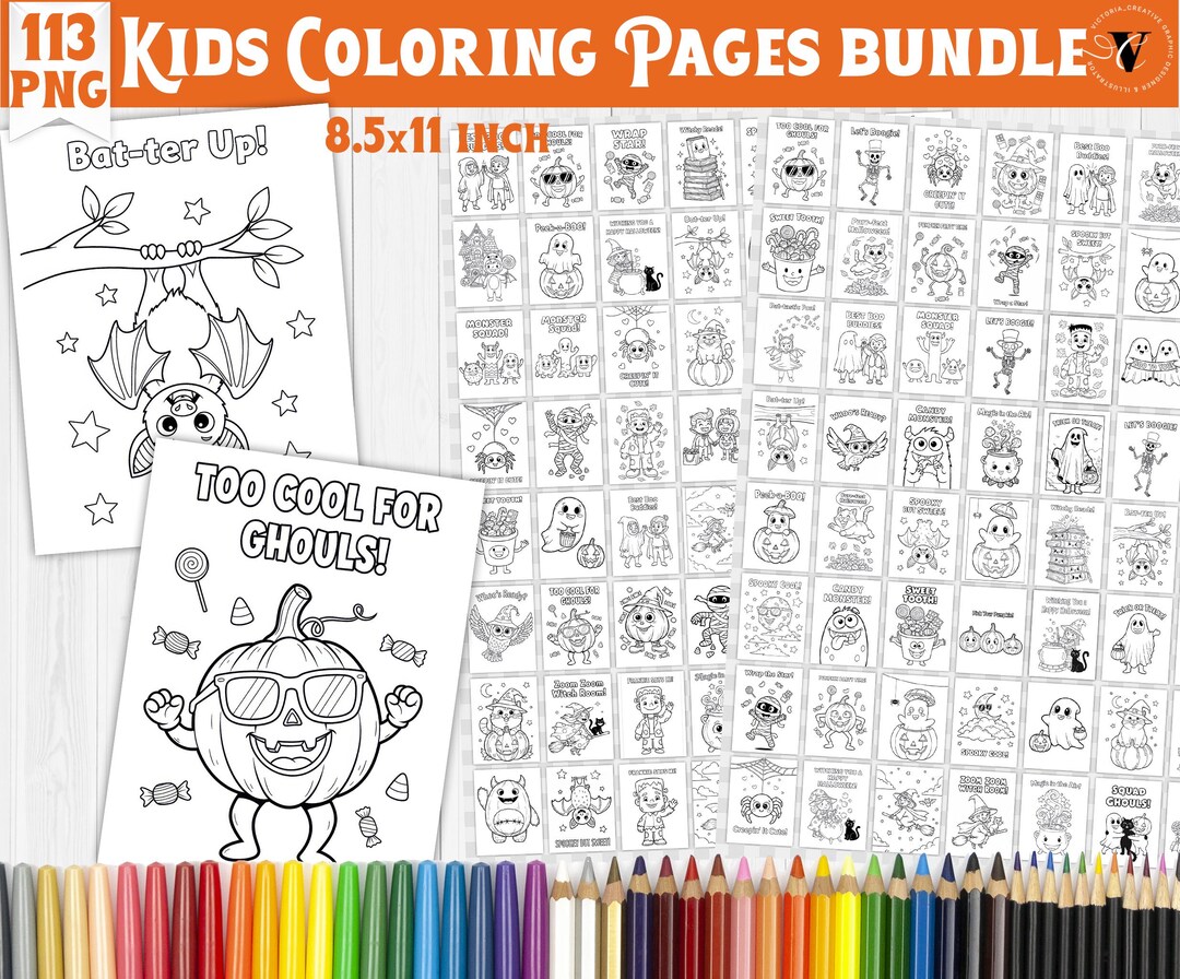 Halloween Kids Coloring Pages Bundle | 113 PNG Digital Download | Cute ...