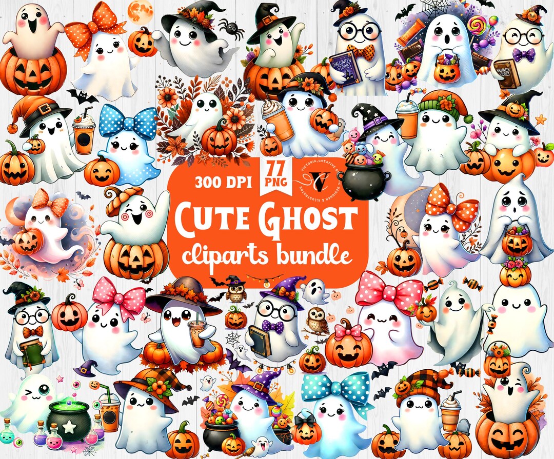 Cute Halloween Ghost Clipart Bundle | 77 PNG Files | Kawaii Ghosts With ...