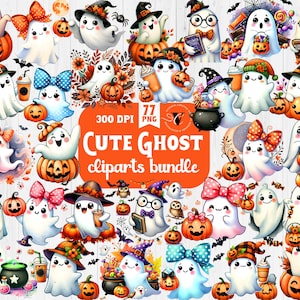 May include: A bundle of cute ghost clip art illustrations. The ghosts are white and adorned with accessories like witch hats, bows, and pumpkins. The text "Cute Ghost Cliparts Bundle" is on an orange background.