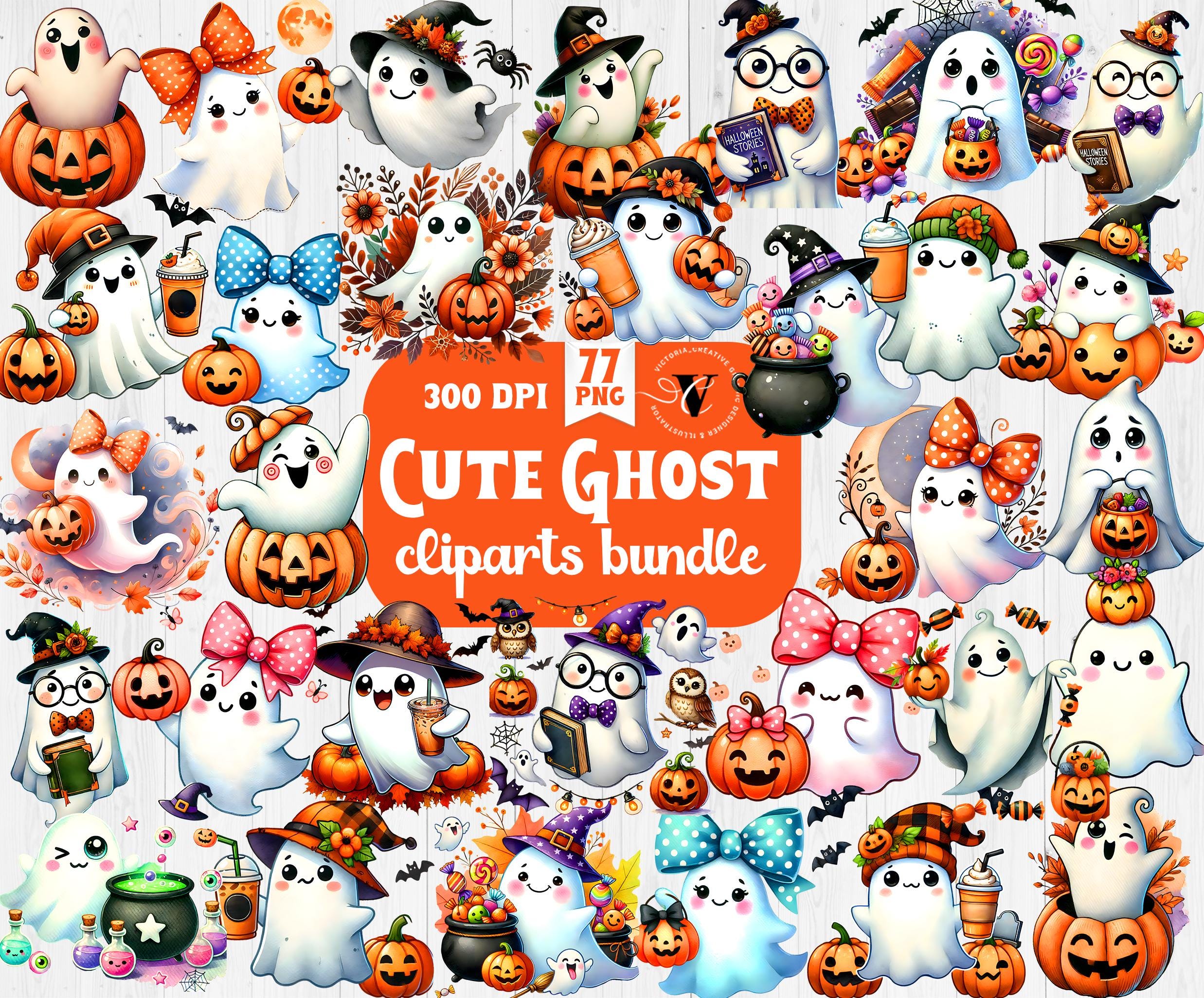Cute Halloween Ghost Clipart Bundle | 77 PNG Files | Kawaii Ghosts With ...
