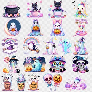 May include: A collection of colorful Halloween-themed illustrations featuring ghosts, skulls, pumpkins, and witches. Some designs include text like "Too Cute to Spook" and "Creepin' Sweet". The artwork has a whimsical and playful style, with vibrant colors and cute character designs.