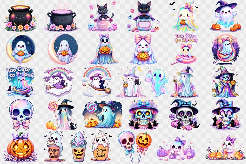 May include: A collection of colorful Halloween-themed illustrations featuring ghosts, skulls, pumpkins, and witches. Some designs include text like "Too Cute to Spook" and "Creepin' Sweet". The artwork has a whimsical and playful style, with vibrant colors and cute character designs.