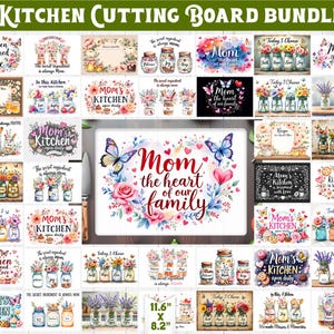 May include: A set of 44 kitchen cutting boards featuring various designs with a floral theme. The designs include mason jars, butterflies, and the text "Mom the heart of our family". The boards are 11.6 inches by 8.2 inches.