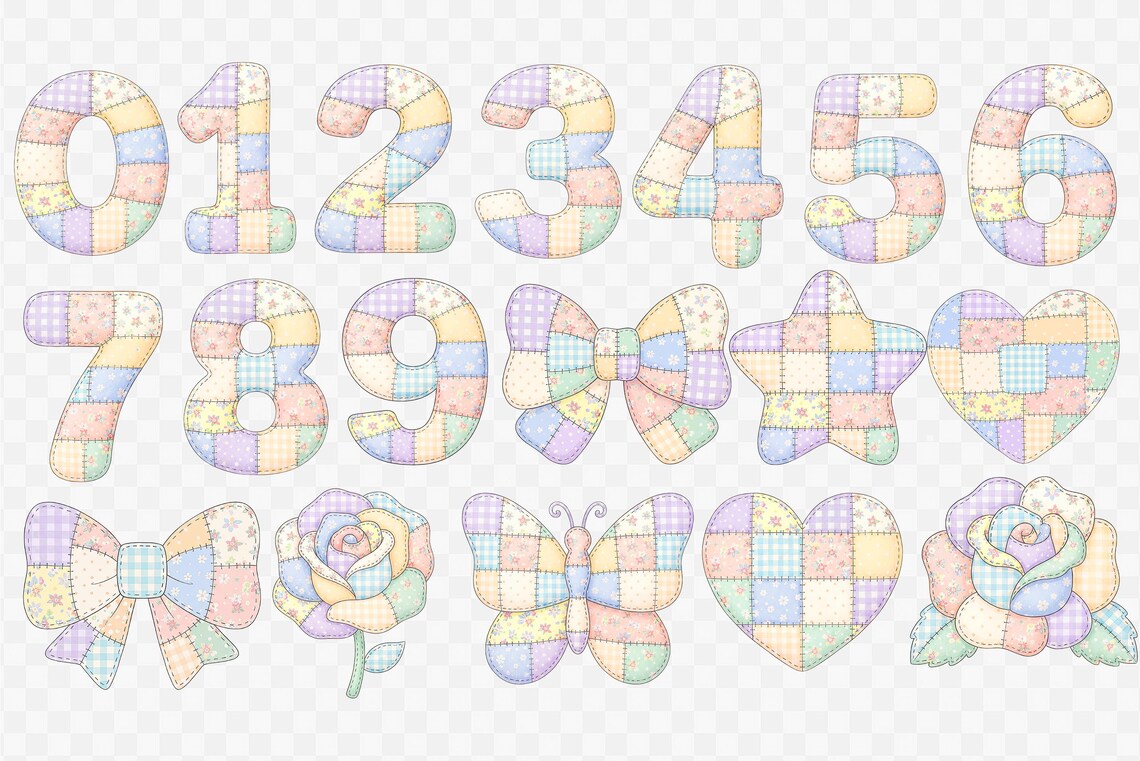 Patchwork Numbers 90 Patchwork Alphabet PNG Bundle | Pastel Quilt Letters & Numbers Clipart ...
