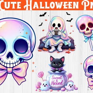 May include: A digital illustration featuring cute Halloween-themed graphics. The image includes a large skull with a bow, a ghost holding a cup, a black cat, and skull lollipops. The text "4 Cute Halloween PNG" is at the top.
